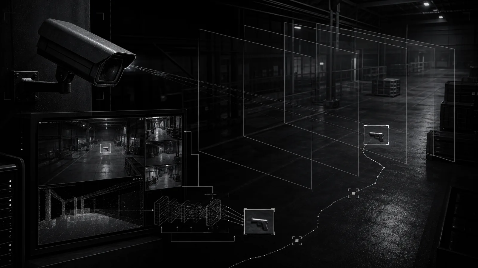Monochrome industrial monitoring scene with computer-vision detection geometry and an object tracking path.