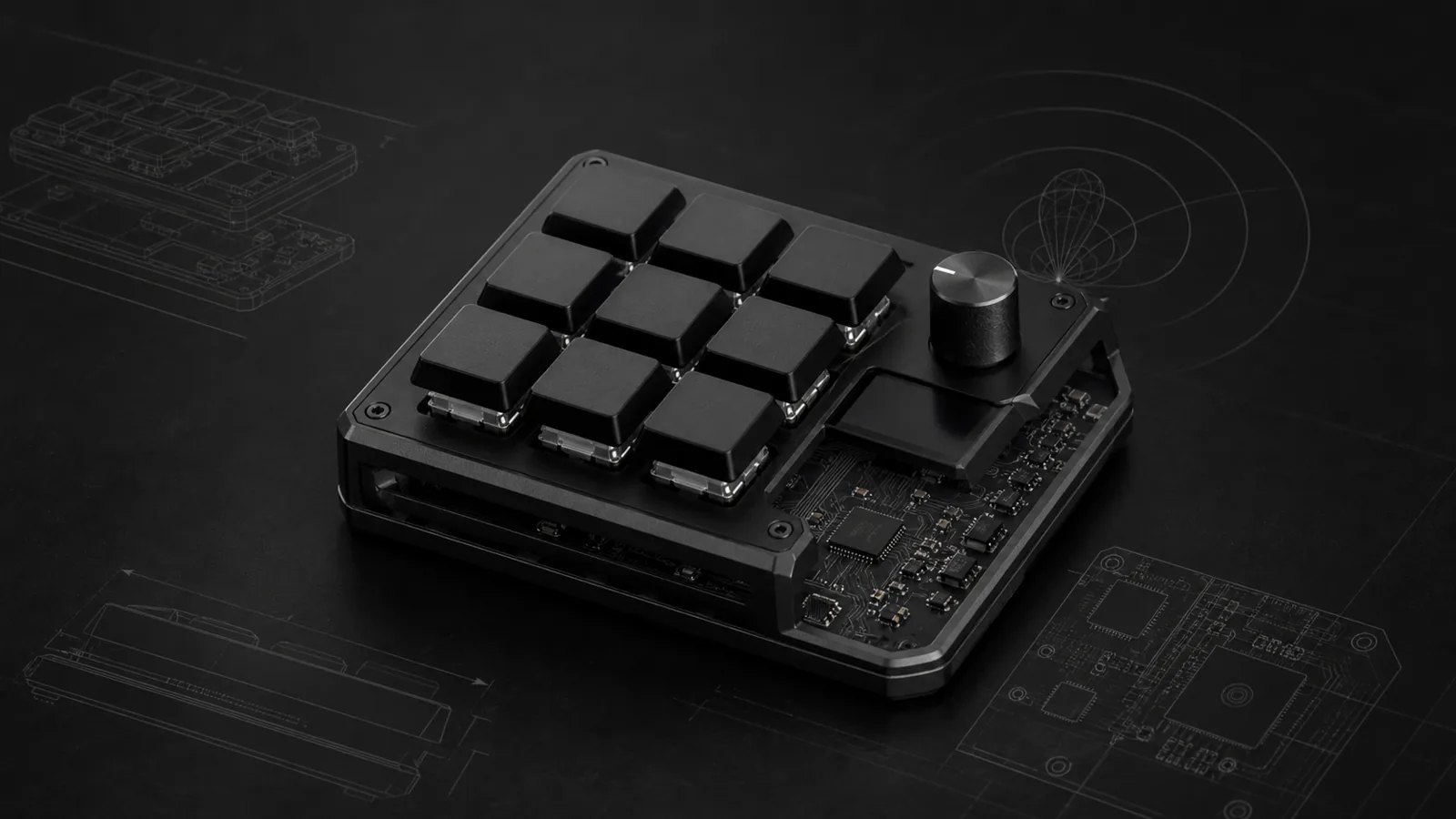 Dark compact macro pad prototype with mechanical keys, rotary encoder, display surface, and exposed embedded electronics.