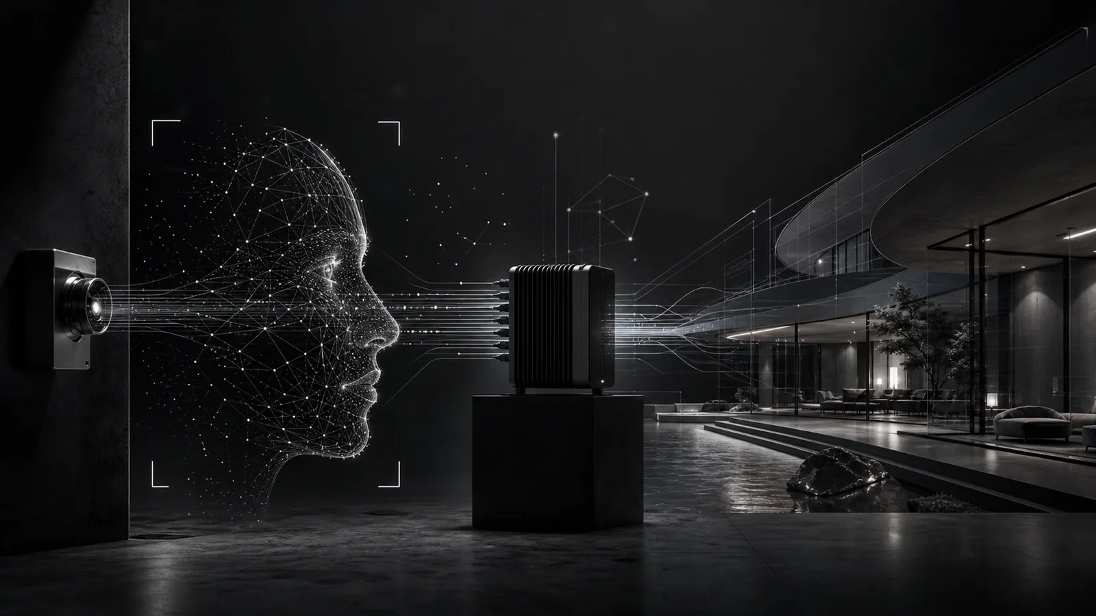 Abstract monochrome face landmark mesh connected through an edge-computing node to a real-time spatial environment.