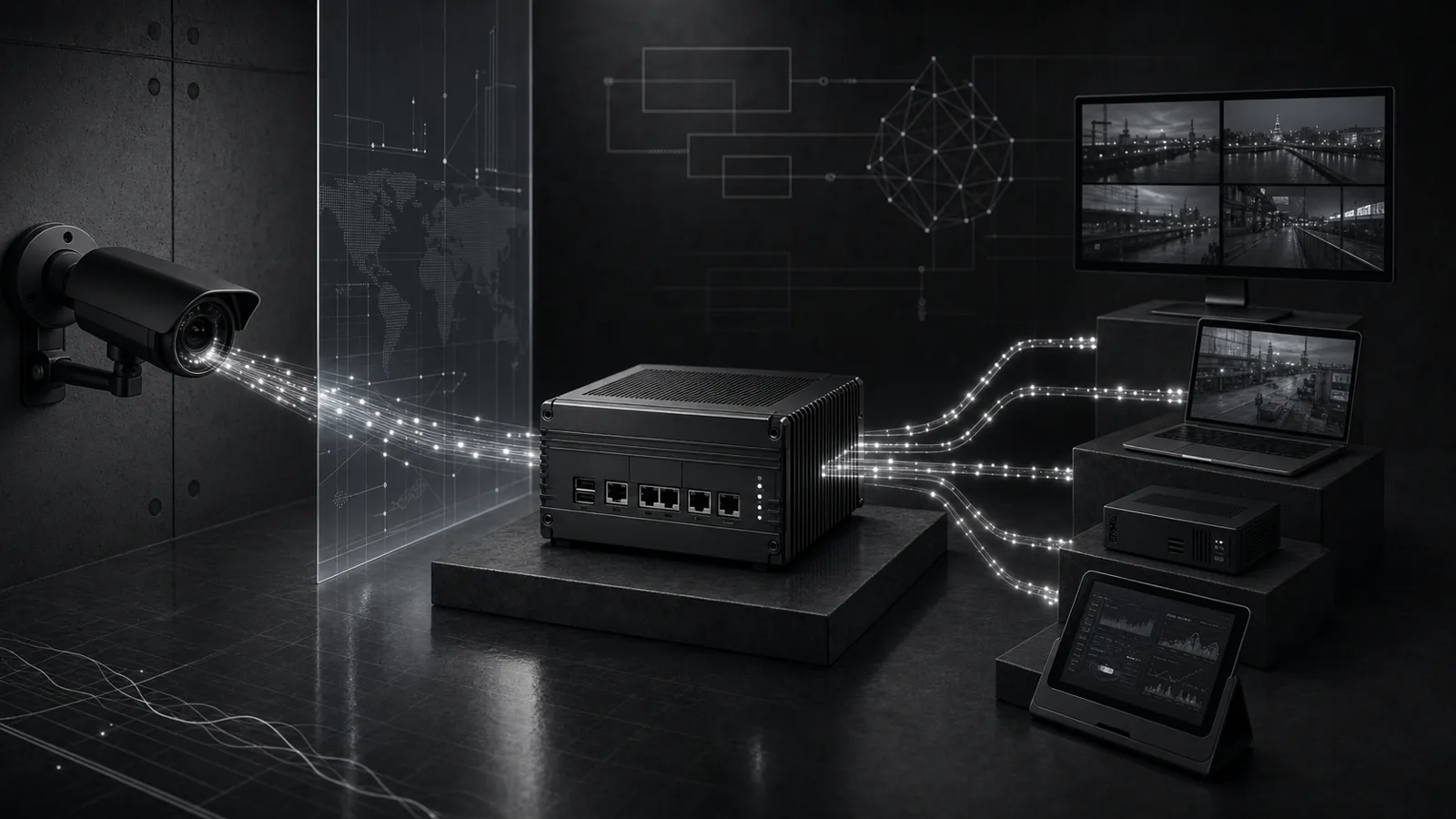 Dark network camera stream passing through a relay appliance and branching to several downstream viewing and processing devices.